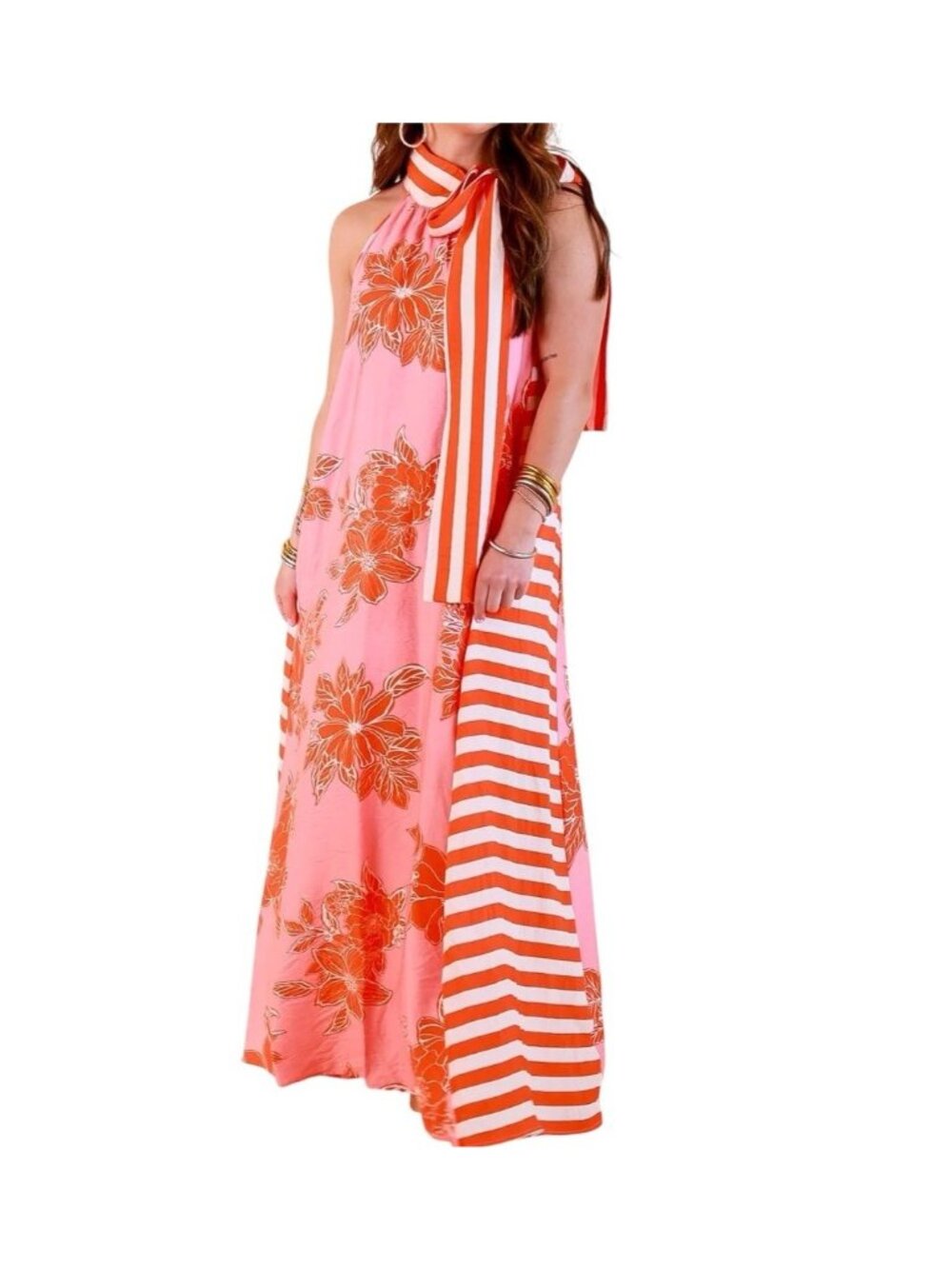 Entro Pink & White Floral Striped Boho Vacation Beach Wear Maxi Dress Large